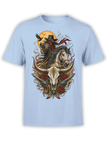 Light blue cowboy T-shirt with masked rider, horse, revolvers, roses, eagle, moon, and bull skull design
