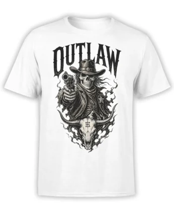 White T-shirt with black-and-white outlaw skeleton cowboy, revolver, OUTLAW text, and horned bull skull design