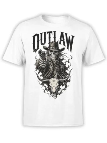 White T-shirt with black-and-white outlaw skeleton cowboy, revolver, OUTLAW text, and horned bull skull design