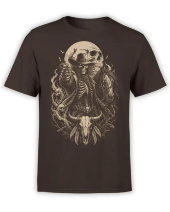 Dark brown T-shirt with a skeleton gunslinger, haunted horse, skull moon, bats, and bull skull artwork
