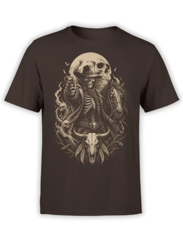 Dark brown T-shirt with a skeleton gunslinger, haunted horse, skull moon, bats, and bull skull artwork