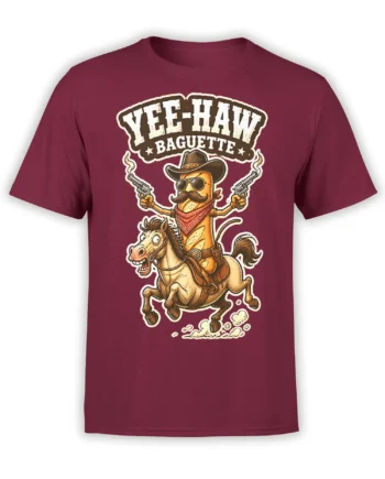 Mustached baguette cowboy riding a horse with twin revolvers on a burgundy Western T-shirt
