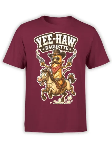 Mustached baguette cowboy riding a horse with twin revolvers on a burgundy Western T-shirt