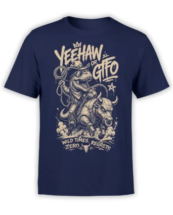 Navy T-shirt with a cowboy T-rex riding a mechanical bull and wild rodeo lettering