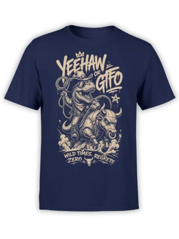 Navy T-shirt with a cowboy T-rex riding a mechanical bull and wild rodeo lettering