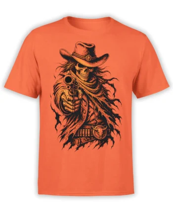 Coral T-shirt with a detailed skeleton cowboy wearing a hat and aiming a revolver