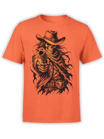 Coral T-shirt with a detailed skeleton cowboy wearing a hat and aiming a revolver