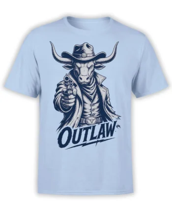 Light blue T-shirt with an outlaw bull wearing a cowboy hat and holding a revolver above OUTLAW text