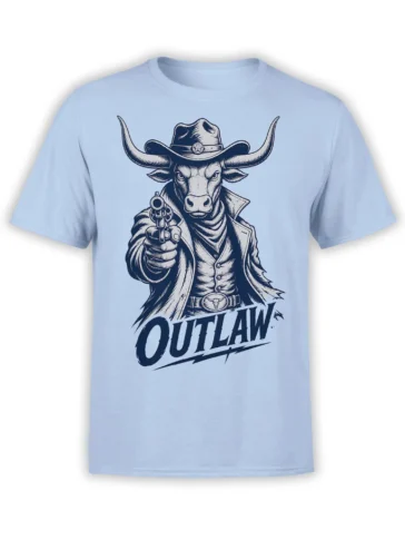 Light blue T-shirt with an outlaw bull wearing a cowboy hat and holding a revolver above OUTLAW text