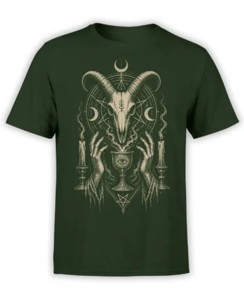 Dark green T-shirt with a vintage horned goat skull, candles, crescent moons, chalice, and occult symbols