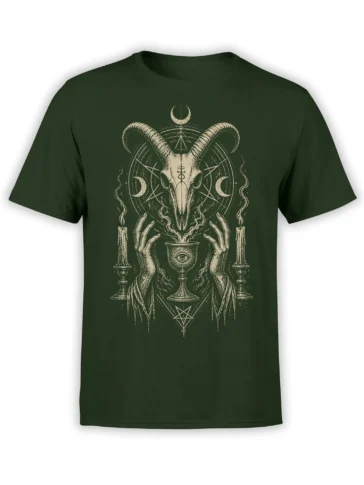 Dark green T-shirt with a vintage horned goat skull, candles, crescent moons, chalice, and occult symbols
