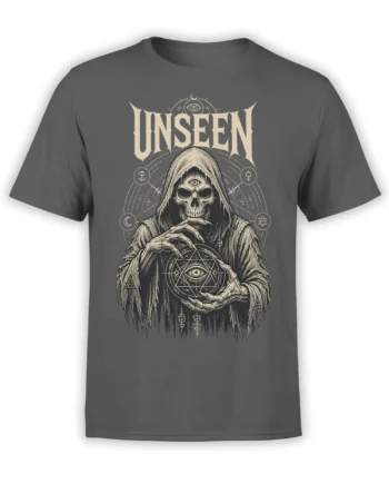 Gray shirt with hooded skull reaper holding an eye-filled sphere beneath bold UNSEEN lettering and occult symbols
