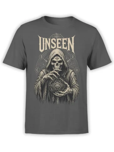 Gray shirt with hooded skull reaper holding an eye-filled sphere beneath bold UNSEEN lettering and occult symbols