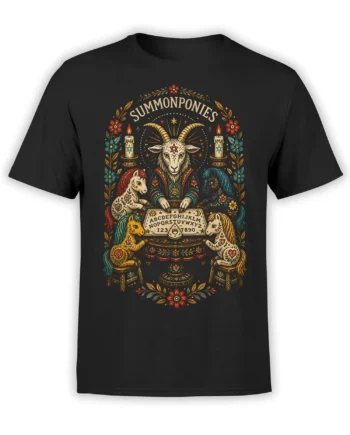 Black T-shirt with a horned goat, colorful ponies, candles, flowers, and a mystical spirit board design