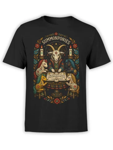 Black T-shirt with a horned goat, colorful ponies, candles, flowers, and a mystical spirit board design