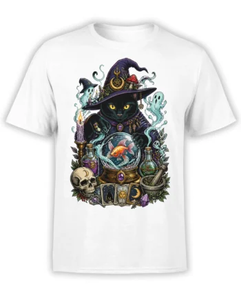 Black cat witch T-shirt with ghosts, potions, tarot cards, and a crystal ball on white