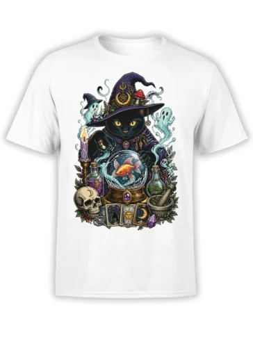 Black cat witch T-shirt with ghosts, potions, tarot cards, and a crystal ball on white