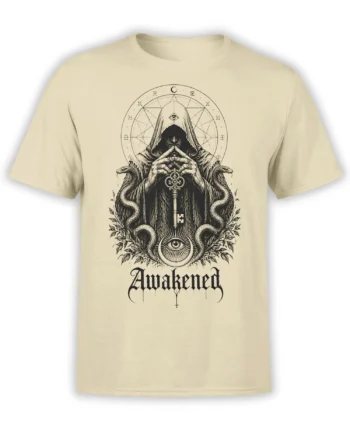 Awakened occult mystic T-shirt in beige with twin snakes, sacred eyes, zodiac symbols, and gothic lettering