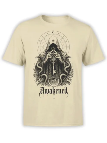 Awakened occult mystic T-shirt in beige with twin snakes, sacred eyes, zodiac symbols, and gothic lettering