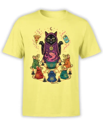 Black cat wizard and colorful robed mice gather around a magical cauldron on a yellow fantasy T-shirt