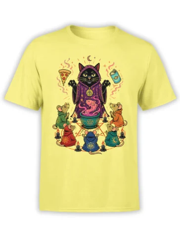 Black cat wizard and colorful robed mice gather around a magical cauldron on a yellow fantasy T-shirt