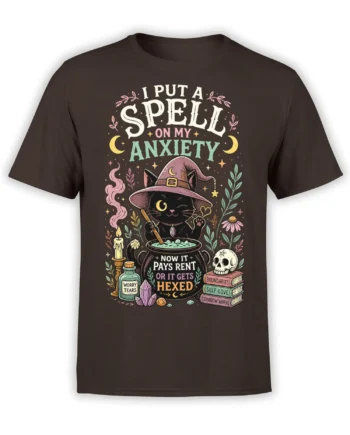 Witchy black cat stirring a glowing cauldron on a brown anxiety-themed cat t-shirt
