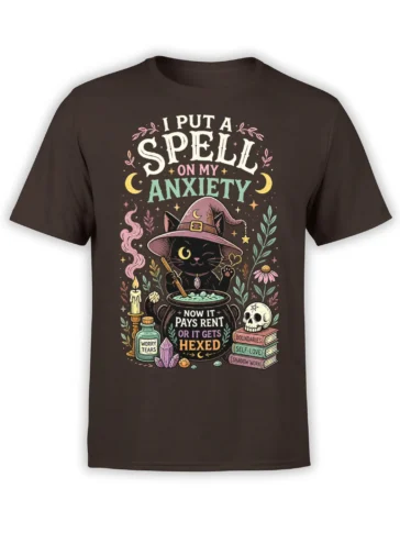 Witchy black cat stirring a glowing cauldron on a brown anxiety-themed cat t-shirt
