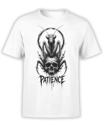 White T-shirt with a black-and-white praying mantis, skull, thorny details, and “PATIENCE” lettering