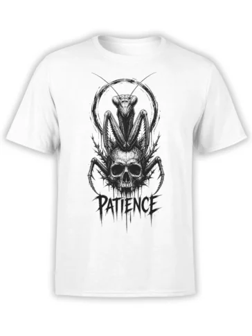 White T-shirt with a black-and-white praying mantis, skull, thorny details, and “PATIENCE” lettering