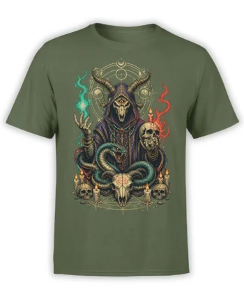 Horned occult figure fantasy design with serpents, candles, and skulls on a green T-shirt