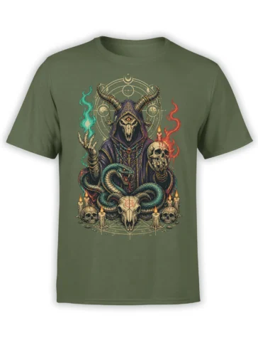 Horned occult figure fantasy design with serpents, candles, and skulls on a green T-shirt