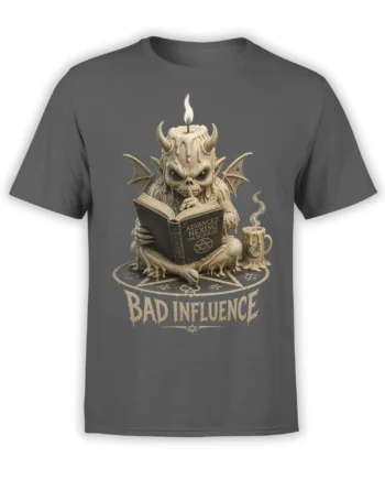 Gray fantasy T-shirt with horned winged creature reading a hexing book under a candle