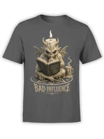 Gray fantasy T-shirt with horned winged creature reading a hexing book under a candle