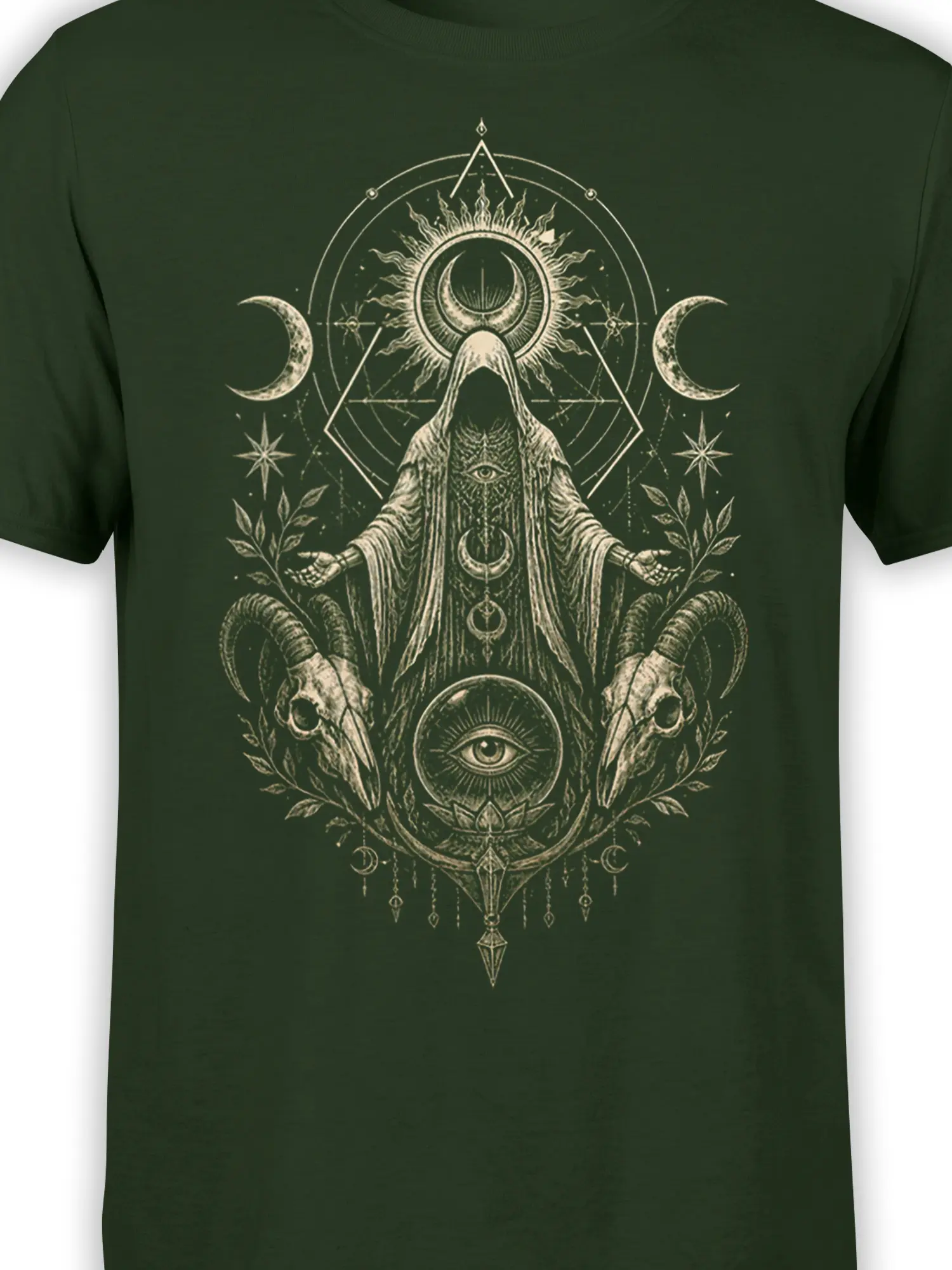 Close-up of mystical horned figure artwork with eyes, crescent moons, geometric lines, and ram skulls on a green tee