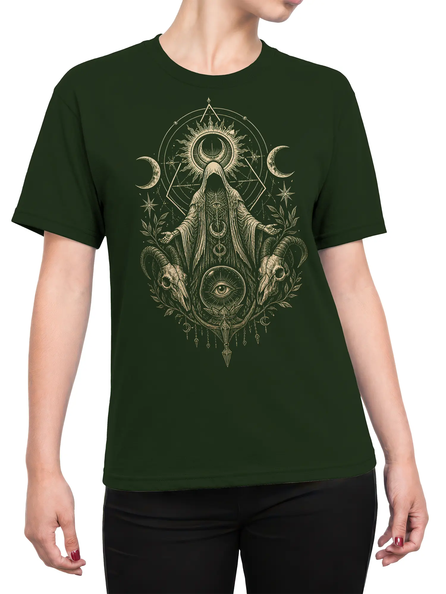 Female torso wearing a deep green fantasy T-shirt with a mystical hooded figure, crescent moons, eyes, and ram skulls