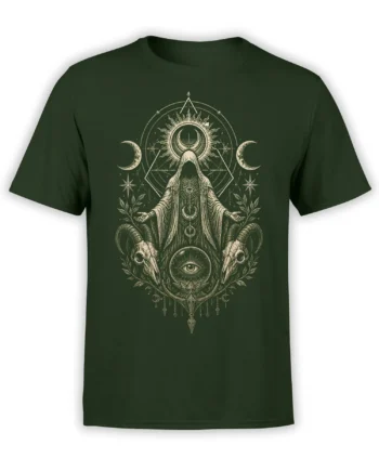Front view of a deep green fantasy T-shirt with a hooded horned figure, ram skulls, eyes, and crescent moons