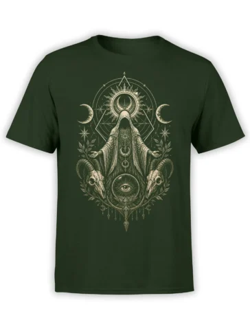 Front view of a deep green fantasy T-shirt with a hooded horned figure, ram skulls, eyes, and crescent moons