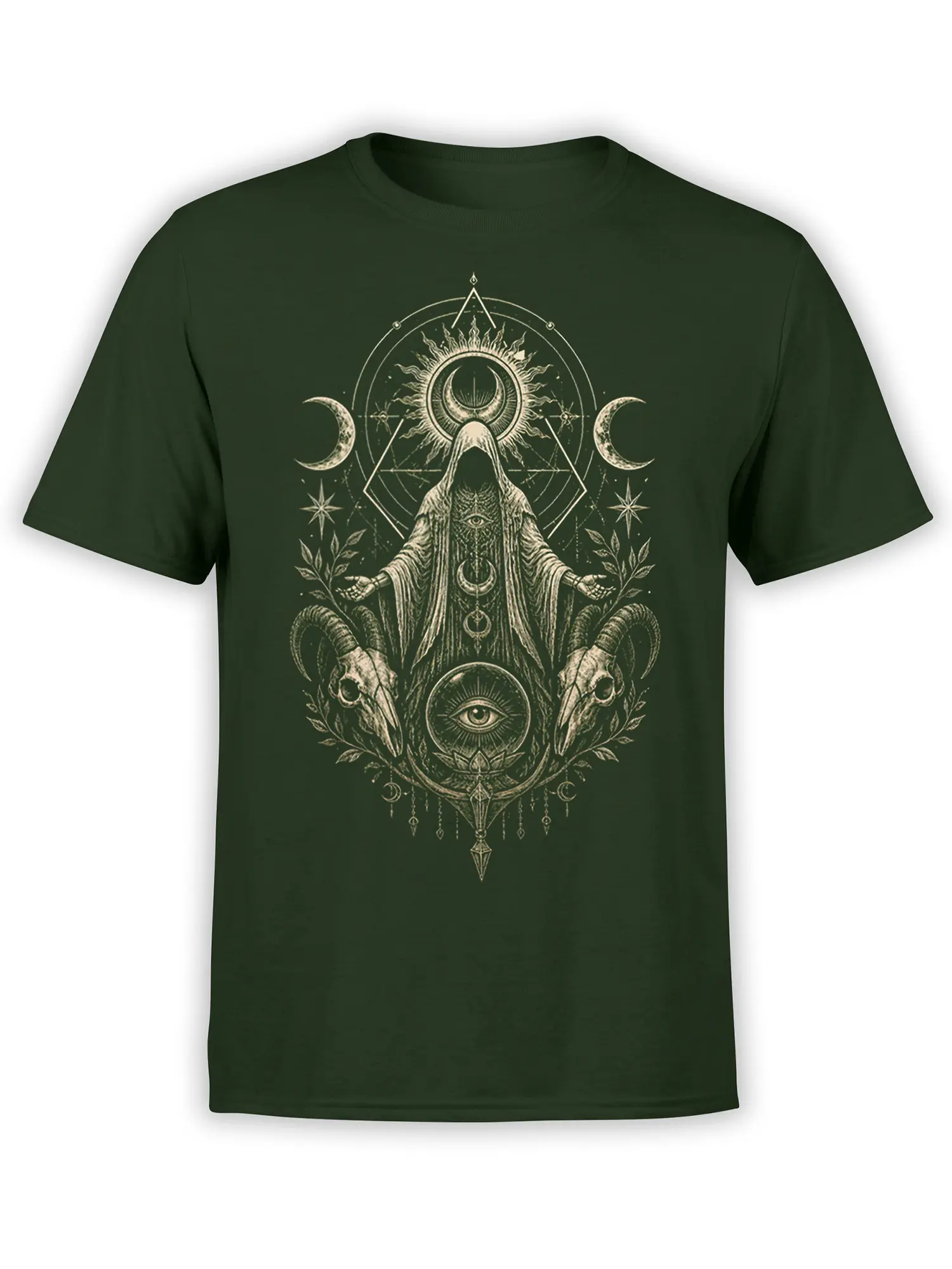 Front view of a deep green fantasy T-shirt with a hooded horned figure, ram skulls, eyes, and crescent moons
