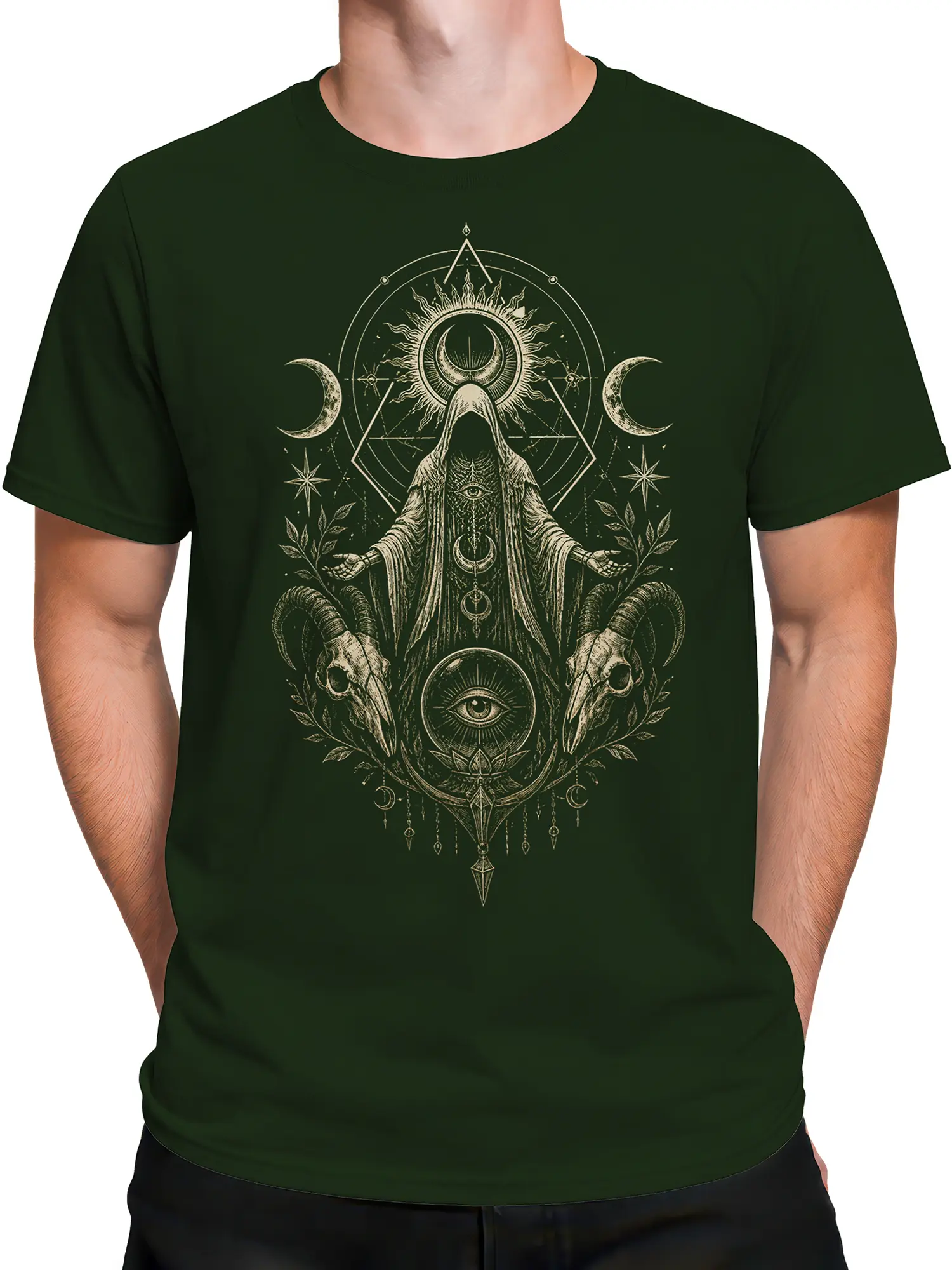 Male torso wearing a deep green fantasy T-shirt with vintage occult artwork and a hooded horned figure