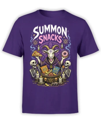 Purple T-shirt with horned goat, skeletons, candles, mystical symbols, and snacks beneath SUMMON SNACKS text