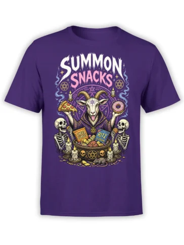 Purple T-shirt with horned goat, skeletons, candles, mystical symbols, and snacks beneath SUMMON SNACKS text