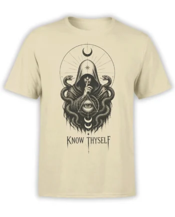Beige fantasy T-shirt with hooded figure, coiled snakes, moon phases, all-seeing eye, and Know Thyself text