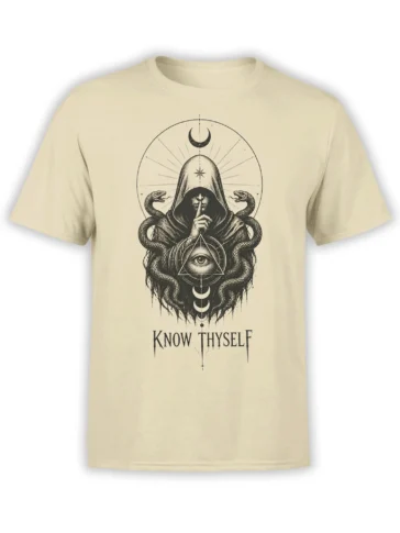 Beige fantasy T-shirt with hooded figure, coiled snakes, moon phases, all-seeing eye, and Know Thyself text