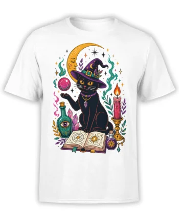 White T-shirt featuring a black cat in a witch hat with crystals, moon, candle, and spellbook