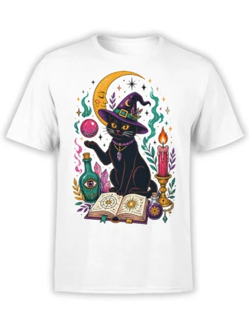 White T-shirt featuring a black cat in a witch hat with crystals, moon, candle, and spellbook