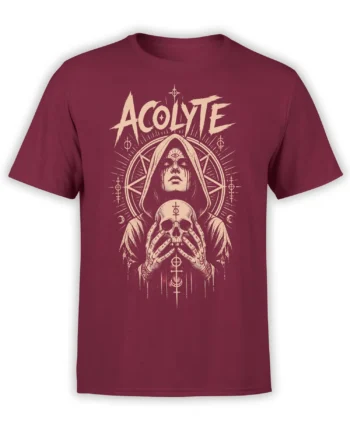 Burgundy T-shirt with a cream hooded acolyte holding a skull among occult symbols