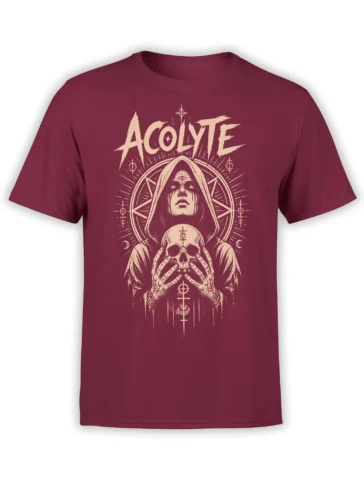 Burgundy T-shirt with a cream hooded acolyte holding a skull among occult symbols