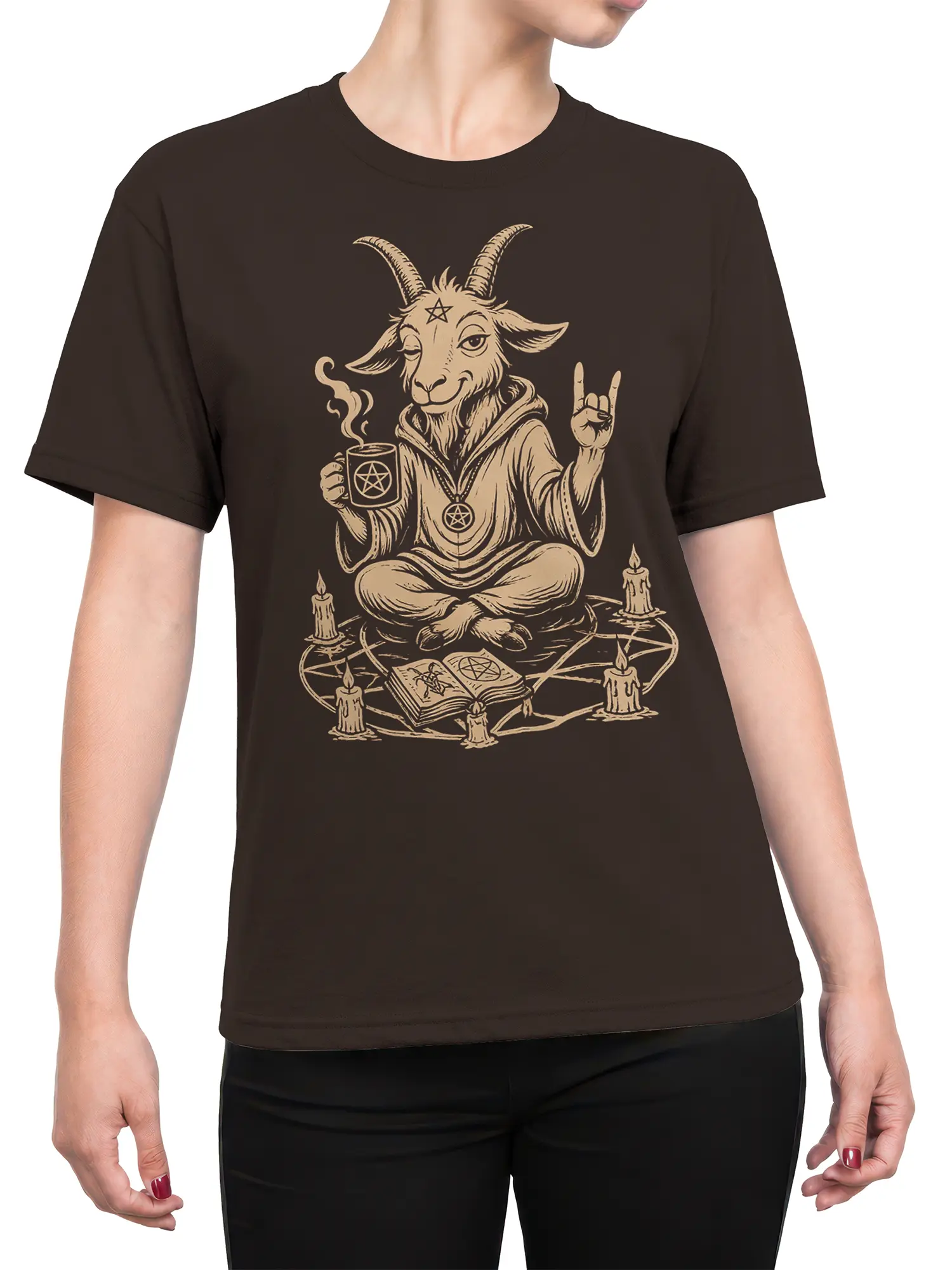 Female torso wearing a brown T-shirt with a horned goat mystic, candles, pentagrams, and an open book design