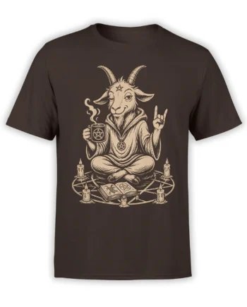 Horned goat mystic T-shirt in brown with pentagrams, candles, an open ritual book, and a steaming mug