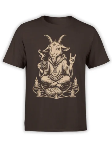 Horned goat mystic T-shirt in brown with pentagrams, candles, an open ritual book, and a steaming mug